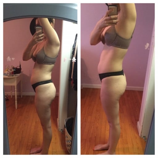 A picture of a 5'6" female showing a weight reduction from 138 pounds to 127 pounds. A total loss of 11 pounds.