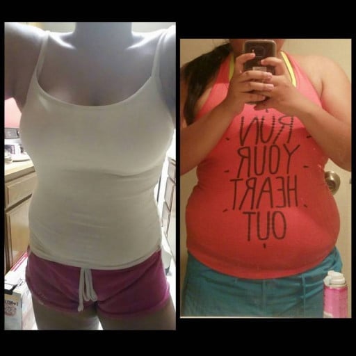 A before and after photo of a 5'2" female showing a weight reduction from 190 pounds to 178 pounds. A respectable loss of 12 pounds.