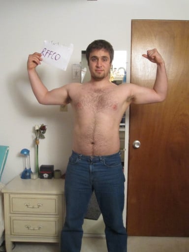 A before and after photo of a 5'8" male showing a snapshot of 187 pounds at a height of 5'8