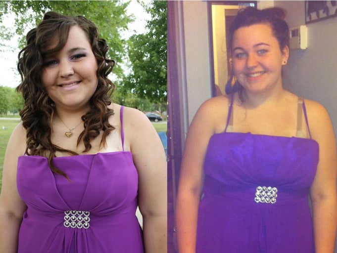 A before and after photo of a 5'4" female showing a weight loss from 225 pounds to 180 pounds. A net loss of 45 pounds.