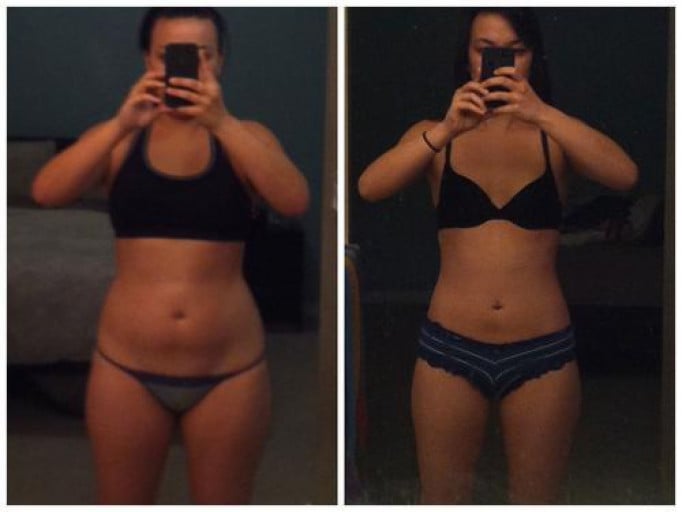 A photo of a 5'2" woman showing a weight loss from 145 pounds to 120 pounds. A respectable loss of 25 pounds.