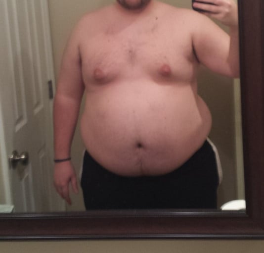 A picture of a 5'10" male showing a weight cut from 300 pounds to 251 pounds. A net loss of 49 pounds.