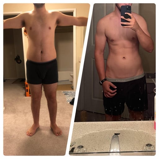 A before and after photo of a 6'0" male showing a weight reduction from 215 pounds to 181 pounds. A total loss of 34 pounds.
