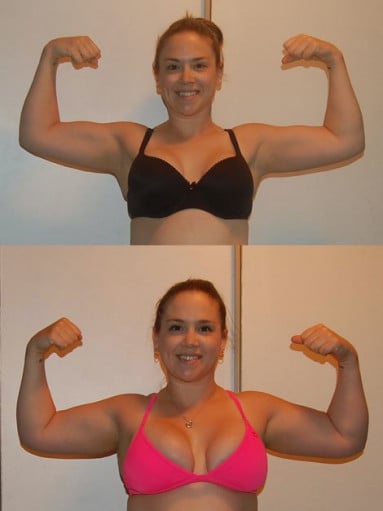 A before and after photo of a 5'5" female showing a fat loss from 191 pounds to 162 pounds. A net loss of 29 pounds.