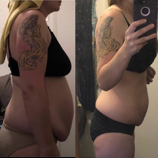 A progress pic of a 5'5" woman showing a fat loss from 180 pounds to 155 pounds. A net loss of 25 pounds.