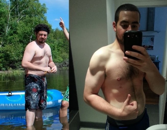 A progress pic of a 5'9" man showing a fat loss from 210 pounds to 165 pounds. A respectable loss of 45 pounds.