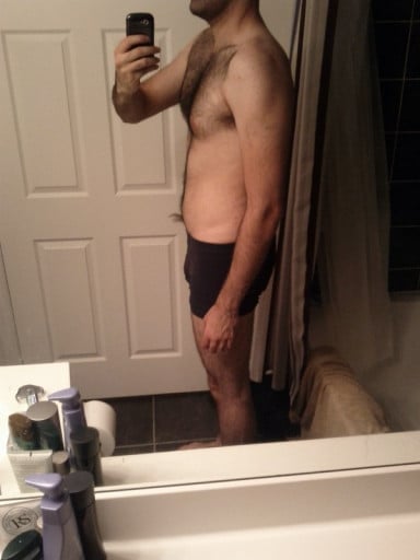 A before and after photo of a 6'4" male showing a snapshot of 210 pounds at a height of 6'4