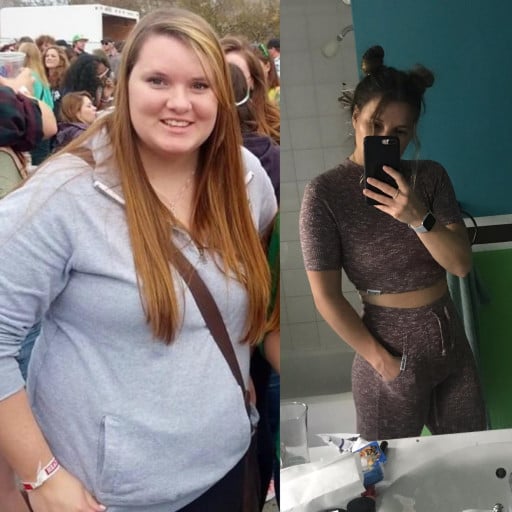 A progress pic of a 5'7" woman showing a fat loss from 255 pounds to 155 pounds. A net loss of 100 pounds.