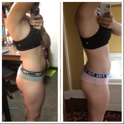 A progress pic of a 5'11" woman showing a weight cut from 165 pounds to 154 pounds. A respectable loss of 11 pounds.