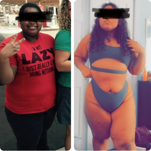 A before and after photo of a 5'2" female showing a weight reduction from 245 pounds to 180 pounds. A respectable loss of 65 pounds.