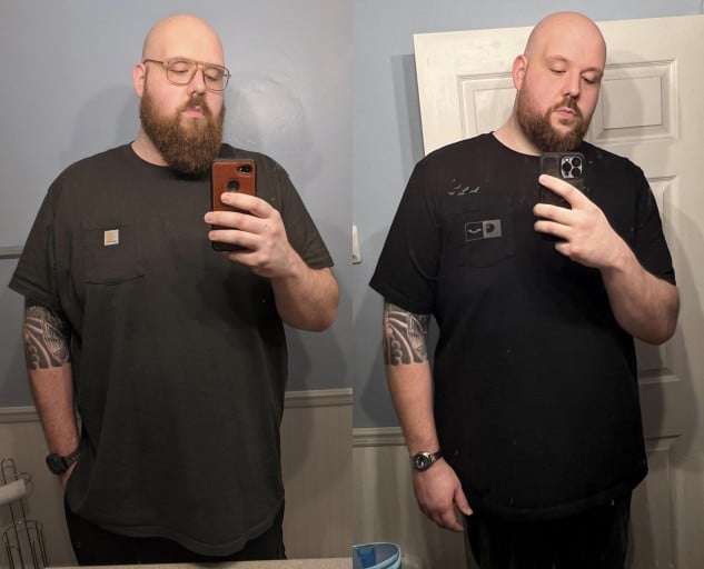 A photo of a 6'10" man showing a weight cut from 390 pounds to 340 pounds. A net loss of 50 pounds.