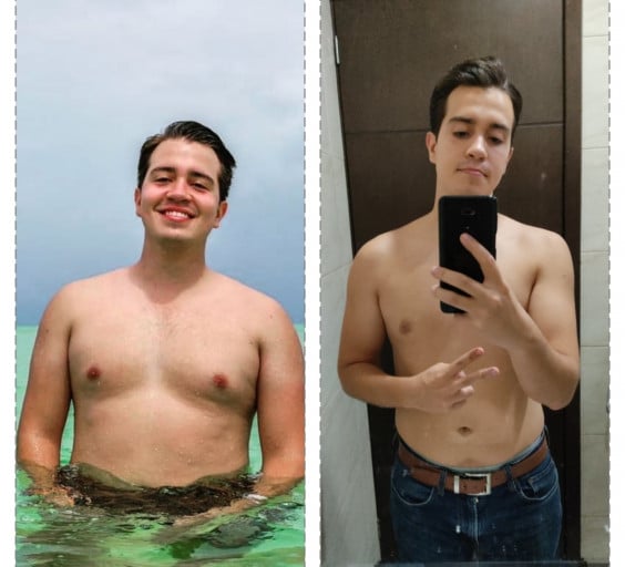 A before and after photo of a 5'9" male showing a weight reduction from 210 pounds to 153 pounds. A respectable loss of 57 pounds.