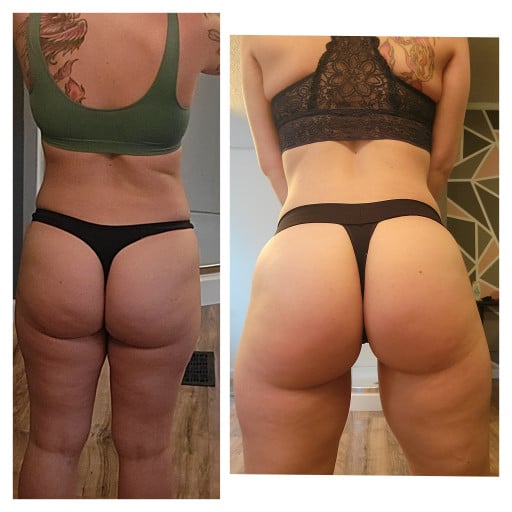 A before and after photo of a 5'5" female showing a weight reduction from 151 pounds to 141 pounds. A respectable loss of 10 pounds.