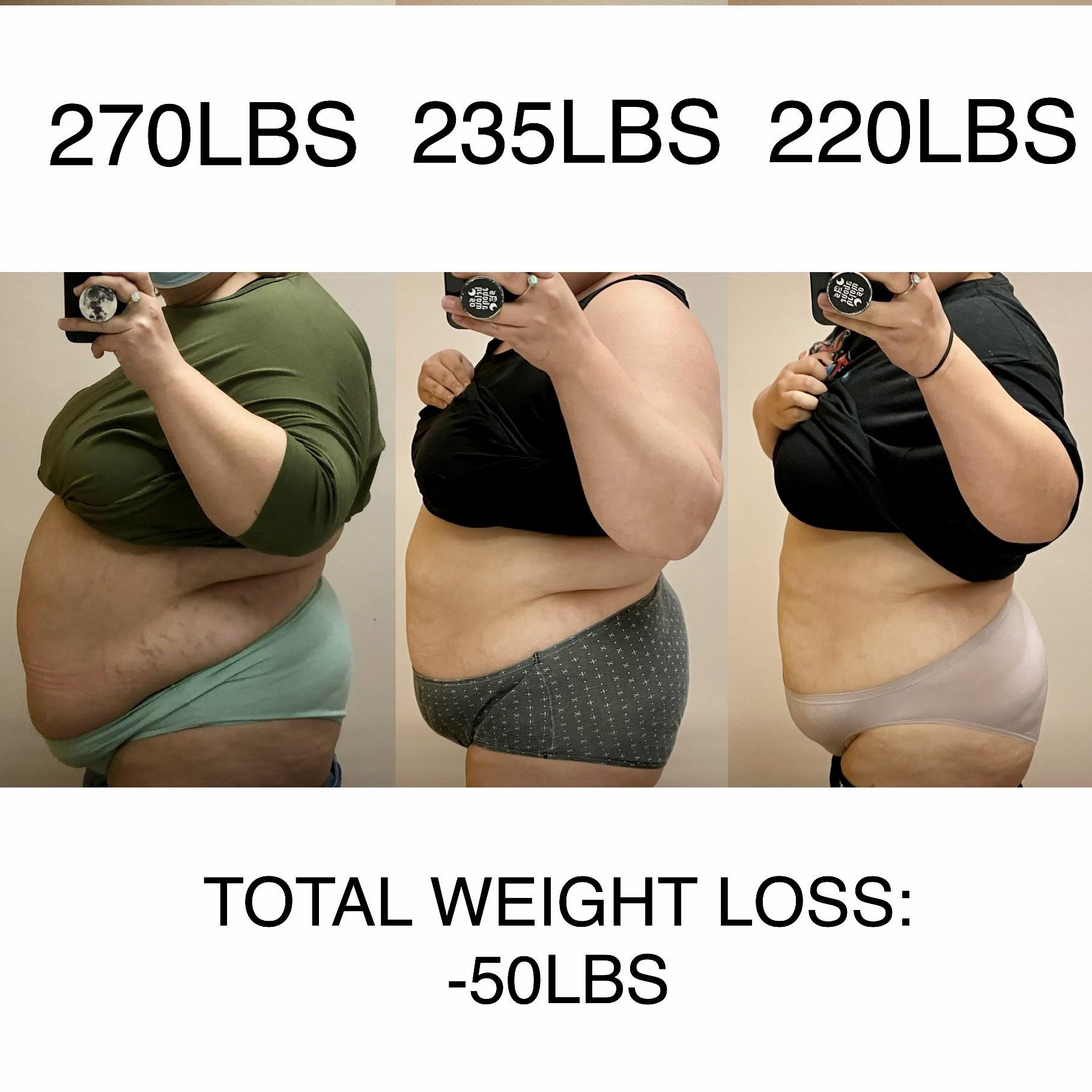 Before and After 50 lbs Fat Loss 5'3 Female 270 lbs to 220 lbs