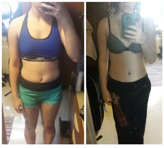 A before and after photo of a 5'2" female showing a weight cut from 135 pounds to 128 pounds. A net loss of 7 pounds.