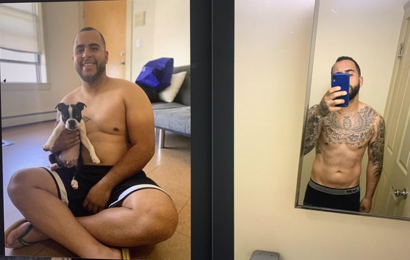 A before and after photo of a 5'7" male showing a weight reduction from 205 pounds to 175 pounds. A net loss of 30 pounds.