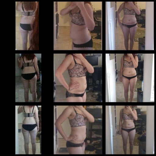 A before and after photo of a 5'2" female showing a weight reduction from 130 pounds to 123 pounds. A total loss of 7 pounds.