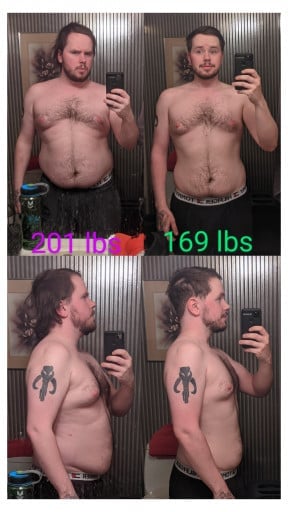 A picture of a 5'6" male showing a weight loss from 201 pounds to 169 pounds. A net loss of 32 pounds.