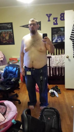 A progress pic of a 6'4" man showing a weight reduction from 388 pounds to 208 pounds. A total loss of 180 pounds.