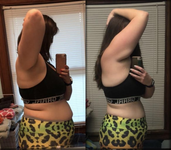 A photo of a 6'0" woman showing a weight cut from 265 pounds to 235 pounds. A net loss of 30 pounds.