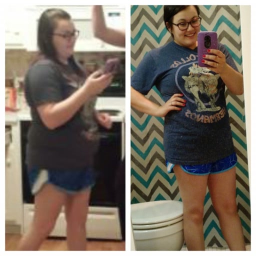 A progress pic of a 5'0" woman showing a fat loss from 182 pounds to 172 pounds. A respectable loss of 10 pounds.