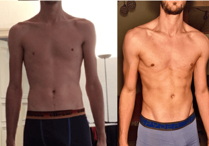 A progress pic of a 6'2" man showing a muscle gain from 137 pounds to 170 pounds. A net gain of 33 pounds.