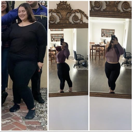 A picture of a 5'1" female showing a weight loss from 250 pounds to 165 pounds. A net loss of 85 pounds.