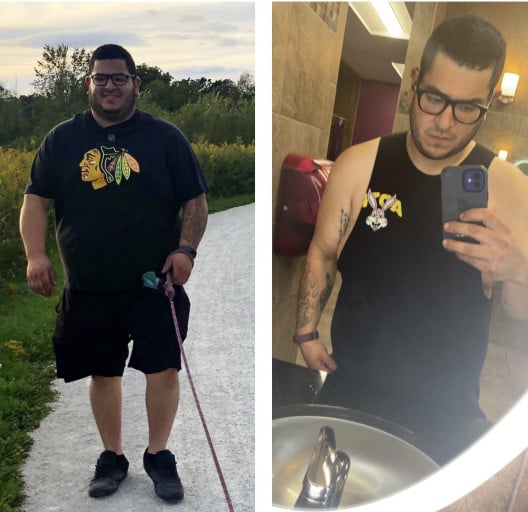 A before and after photo of a 5'9" male showing a weight reduction from 310 pounds to 220 pounds. A respectable loss of 90 pounds.