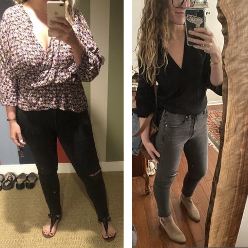 A progress pic of a 5'8" woman showing a fat loss from 195 pounds to 145 pounds. A net loss of 50 pounds.