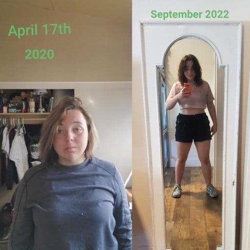 A progress pic of a 5'4" woman showing a fat loss from 195 pounds to 160 pounds. A respectable loss of 35 pounds.