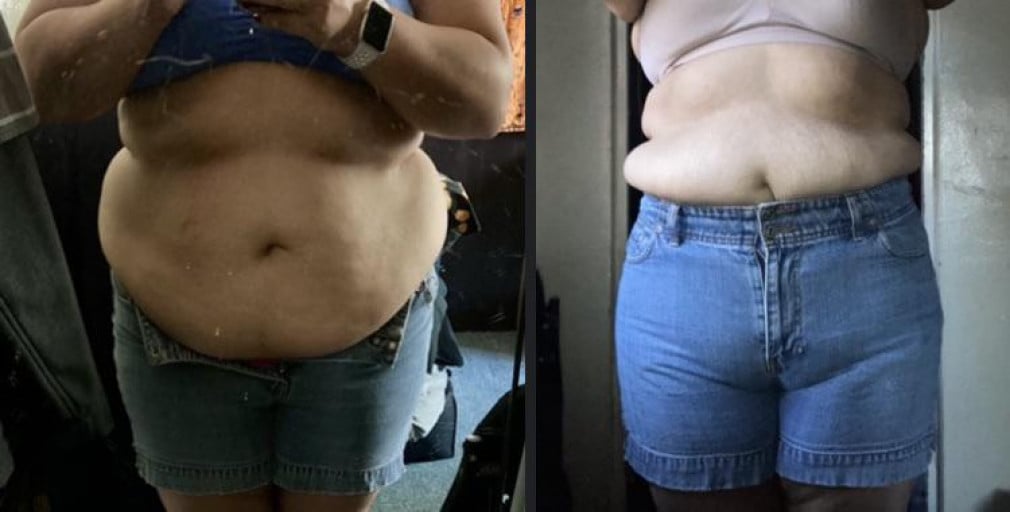 A progress pic of a 5'3" woman showing a fat loss from 241 pounds to 204 pounds. A net loss of 37 pounds.