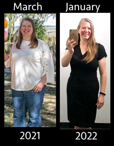 A before and after photo of a 5'6" female showing a weight reduction from 214 pounds to 158 pounds. A net loss of 56 pounds.