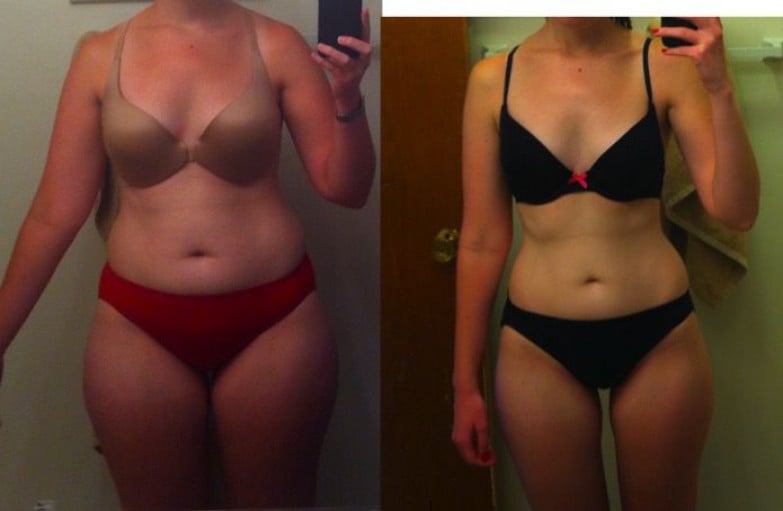 A photo of a 5'2" woman showing a weight cut from 148 pounds to 120 pounds. A net loss of 28 pounds.