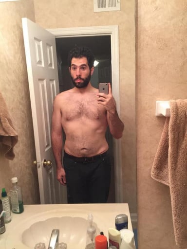 A before and after photo of a 6'0" male showing a fat loss from 280 pounds to 205 pounds. A net loss of 75 pounds.