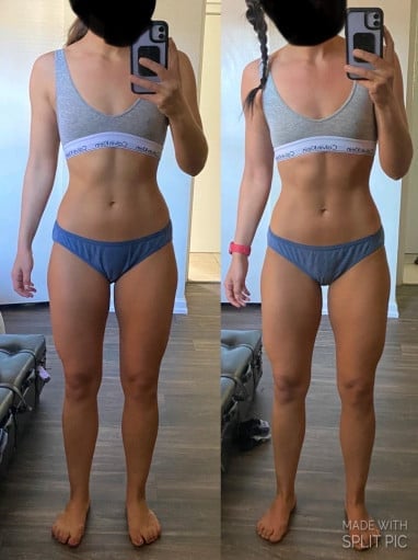 A before and after photo of a 5'5" female showing a weight reduction from 131 pounds to 124 pounds. A respectable loss of 7 pounds.