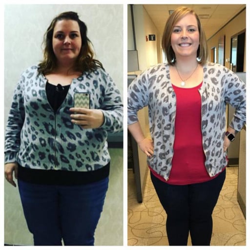 A picture of a 5'4" female showing a weight loss from 291 pounds to 238 pounds. A net loss of 53 pounds.