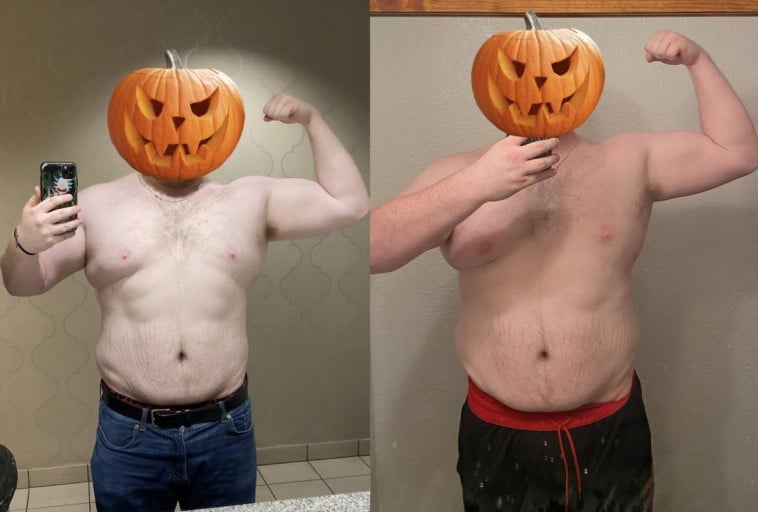 A photo of a 6'1" man showing a weight cut from 356 pounds to 290 pounds. A total loss of 66 pounds.