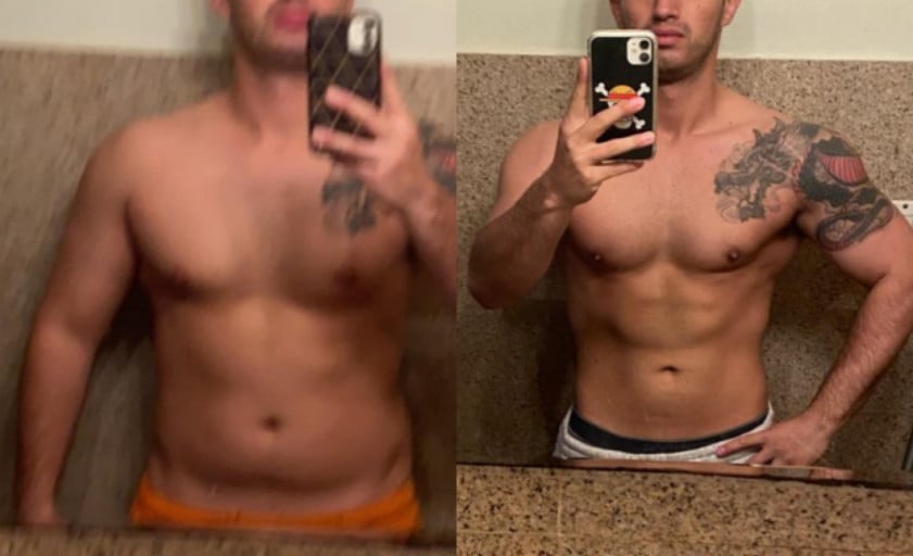 A progress pic of a 5'8" man showing a fat loss from 205 pounds to 175 pounds. A total loss of 30 pounds.