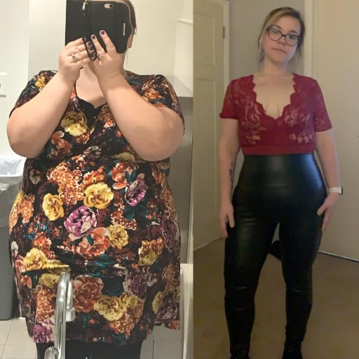 A picture of a 5'2" female showing a weight loss from 300 pounds to 167 pounds. A net loss of 133 pounds.