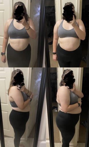 A before and after photo of a 5'9" female showing a weight reduction from 275 pounds to 240 pounds. A respectable loss of 35 pounds.