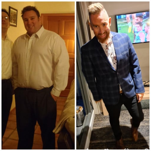 A progress pic of a 5'10" man showing a fat loss from 304 pounds to 122 pounds. A total loss of 182 pounds.