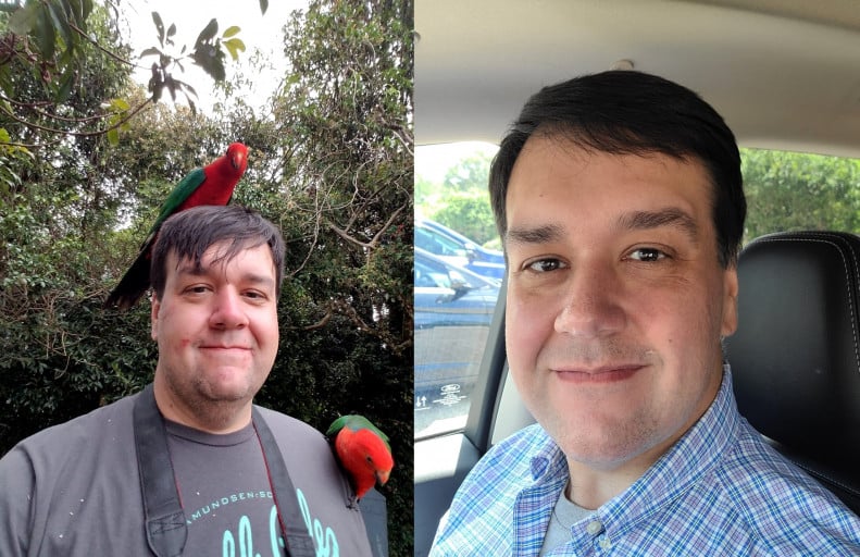 A progress pic of a 6'4" man showing a fat loss from 302 pounds to 249 pounds. A net loss of 53 pounds.