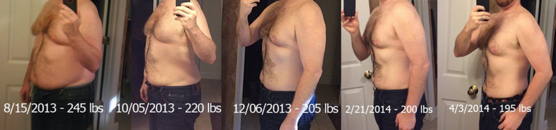 A photo of a 6'0" man showing a weight cut from 245 pounds to 195 pounds. A net loss of 50 pounds.