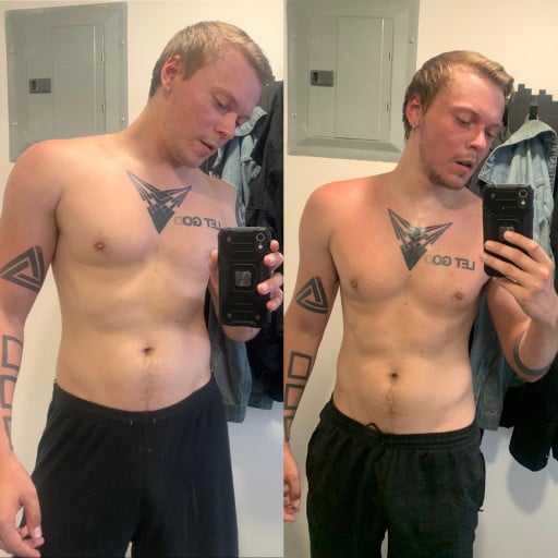 A progress pic of a 5'9" man showing a fat loss from 174 pounds to 167 pounds. A total loss of 7 pounds.