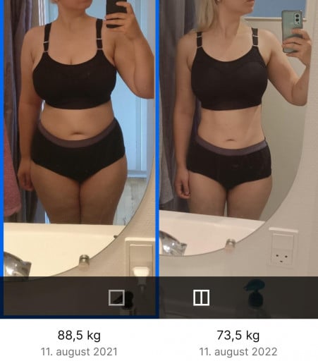 A photo of a 5'7" woman showing a weight cut from 195 pounds to 162 pounds. A net loss of 33 pounds.