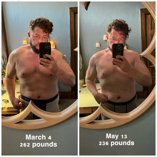 A progress pic of a 6'1" man showing a fat loss from 262 pounds to 236 pounds. A total loss of 26 pounds.