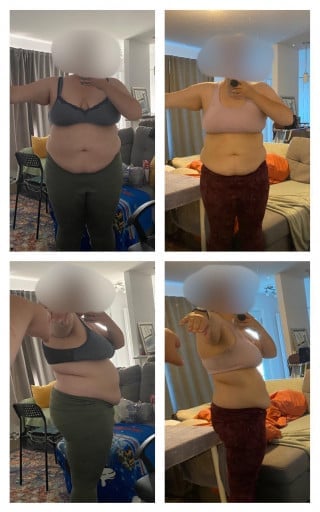 A progress pic of a 5'7" woman showing a fat loss from 283 pounds to 208 pounds. A total loss of 75 pounds.