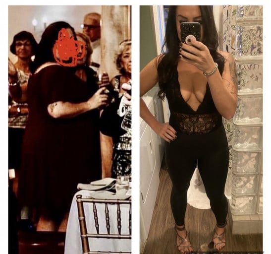 A before and after photo of a 5'9" female showing a weight reduction from 320 pounds to 180 pounds. A respectable loss of 140 pounds.