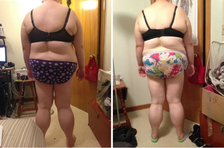 A before and after photo of a 5'5" female showing a snapshot of 263 pounds at a height of 5'5