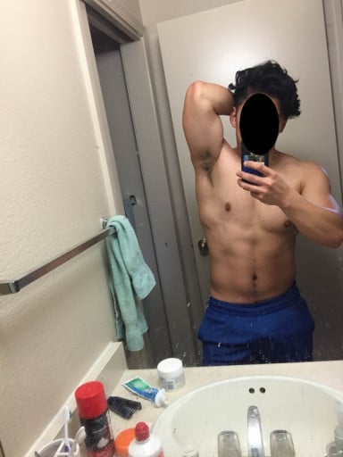 A progress pic of a 5'4" man showing a muscle gain from 120 pounds to 175 pounds. A respectable gain of 55 pounds.